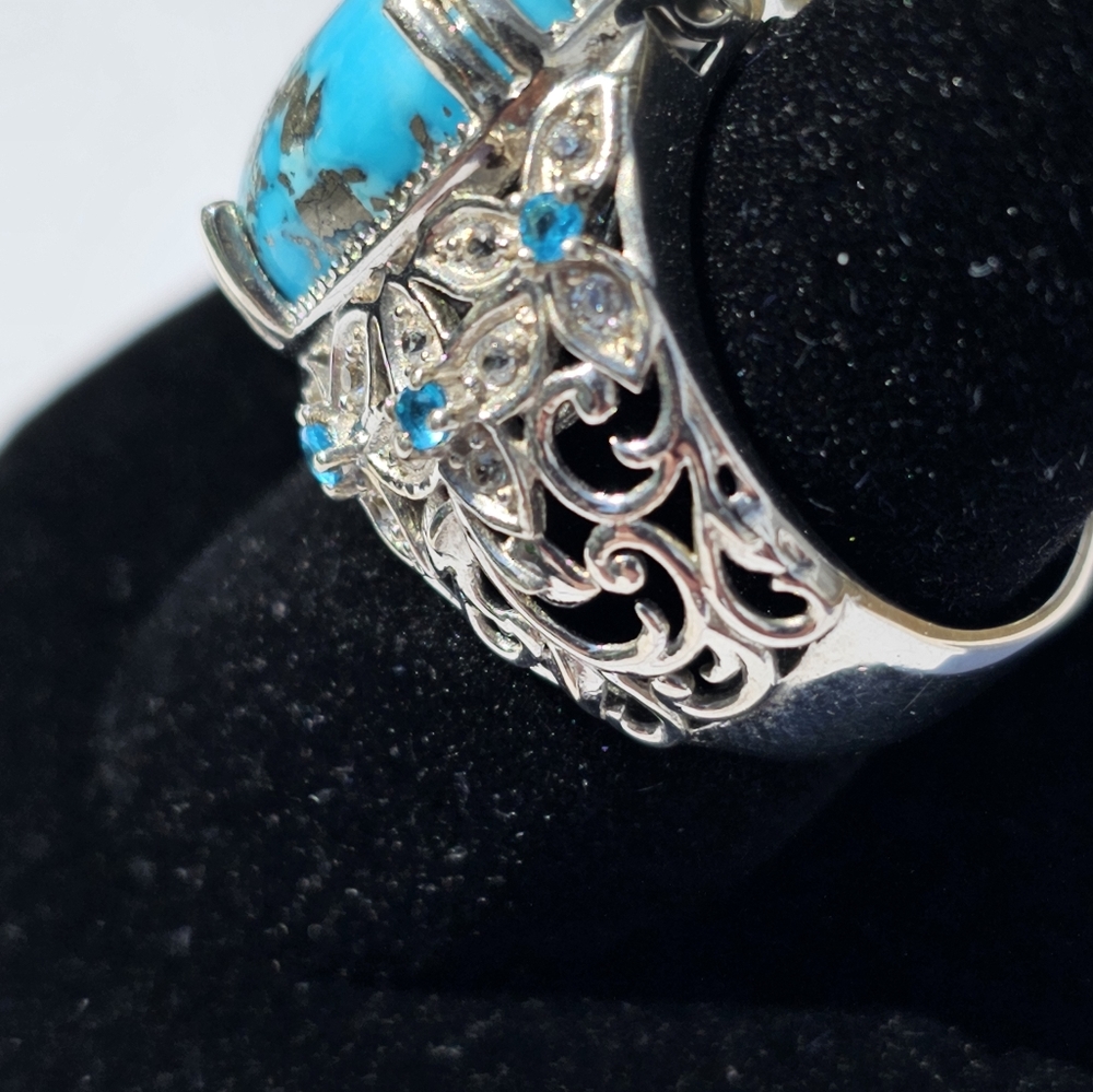 Genuine Turquoise & Neon Apatite 💍 w/White Sapphires in Platinum/925 Size 9 - Picture 9 of 12